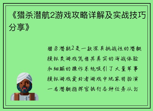 《猎杀潜航2游戏攻略详解及实战技巧分享》